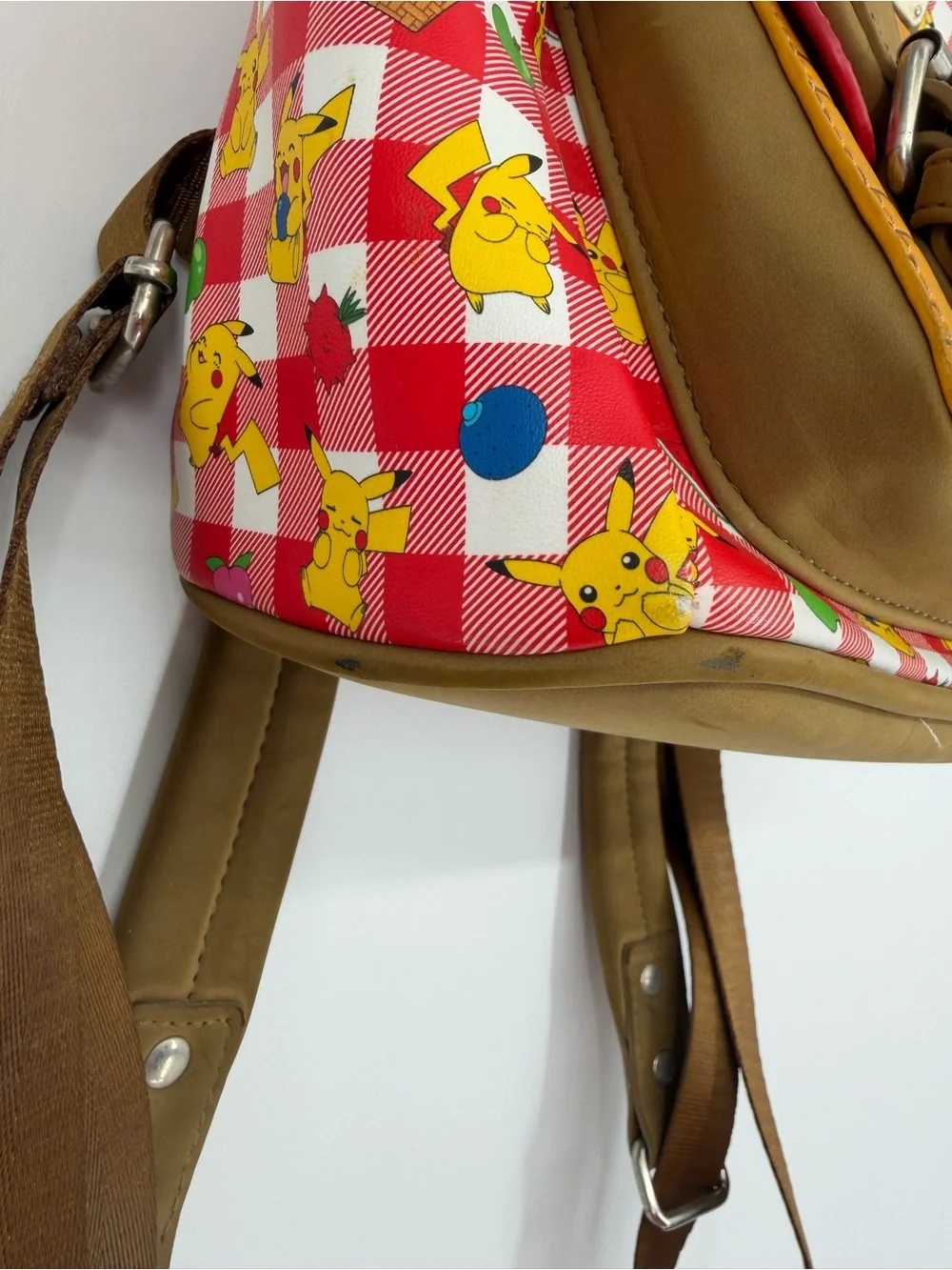 Loungefly Red Check Pikachu Picnic Mini Backpack with Brown Accents